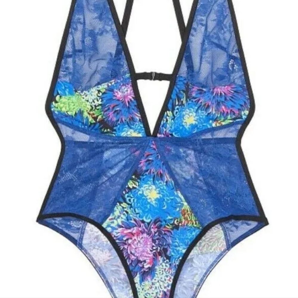 VICTORIA x MARY KATRANTZOU Plunge Bodysuit Teddy Floral BLUE Lingerie Medium - Picture 5 of 10